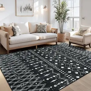 Moroccan Washable Rug 4x6, Black Boho Living Room Area Rug, Non-Slip Farmhouse Bedroom Carpet Dorm Room Throw Rug, Low Pile Soft Accent Mat for Kitchen Entry Office (Black,4'x6')