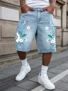 Men's and women's small flower print denim shorts, American-style high-street loose-fitting, Wide leg, distressed five-pocket pants, TikTok's top-selling denim shorts, street style, skateboarding outings, Y2K fashion, daily commutes, Aesthetic