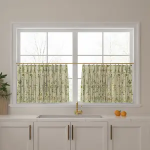 TWOPAGES Sara Le Printed Curtains Linen Cafe Curtains 2 Panel Set Tailored Pleated Half Window Drapes Unlined Privacy Light Filtering for Kitchen Living Room Bathroom
