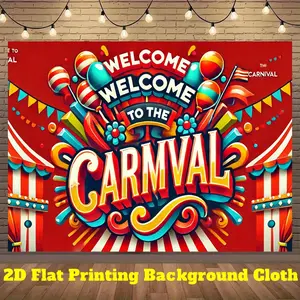 2D Flat, 1pc Carnival Party Banner - Welcome to the Carnival with Red Background, Balloons & Circus Tent Design - Heavy-Duty Polyester Fabric Photo Backdrop for Birthday, Wedding, Corporate Events - Indoor/Outdoor Decoration - No Electricity Needed -