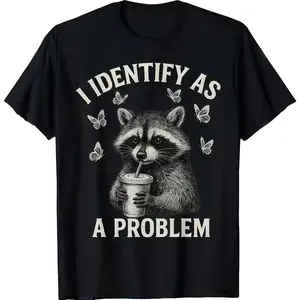 2026 Funny Raccoon Drinking Juice T-Shirt - Relatable "I'm a Problem" Mood Tee - Cute Animal Graphic Short Sleeve Casual Streetwear Menswear Streetwear