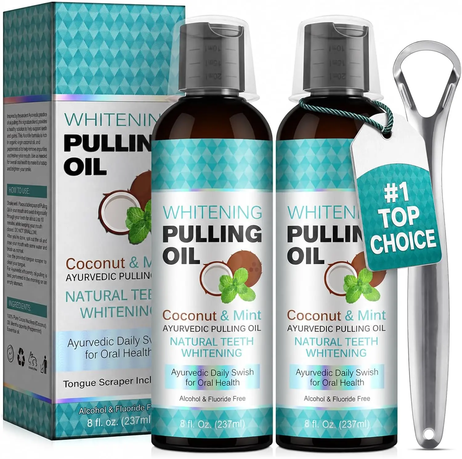 2 Packs Coconut Oil Pulling,Natural Teeth Whitening Mouthwash 16 fl oz | Ayurvedic Oral Rinse for Healthy Gums & Fresh Breath, Alcohol & Fluoride Free Deep Cleaning Mint Formula with Tongue Scraper