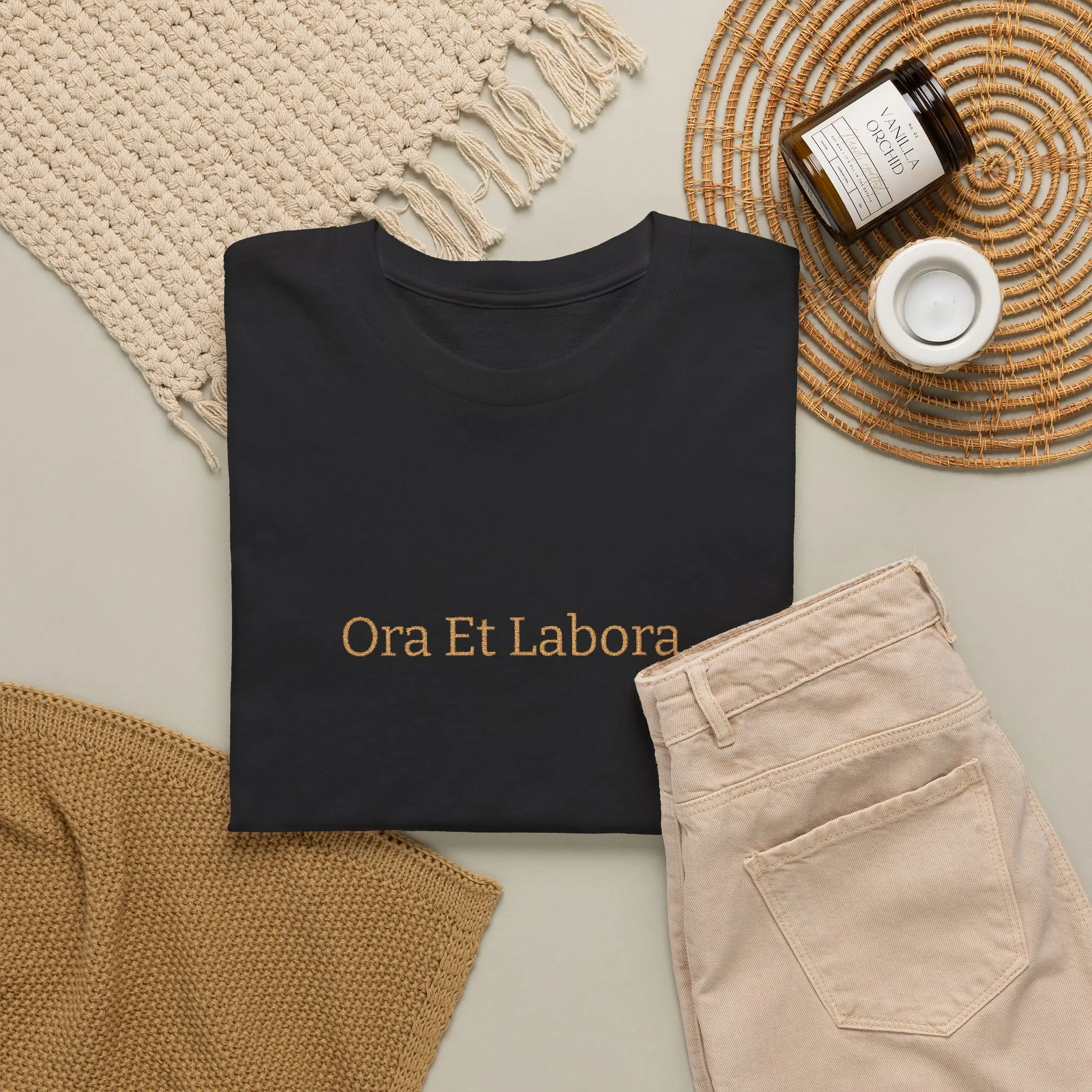 Ora et Labora Embroidered Tee — Minimalist Latin Phrase Shirt | Catholic Faith Apparel