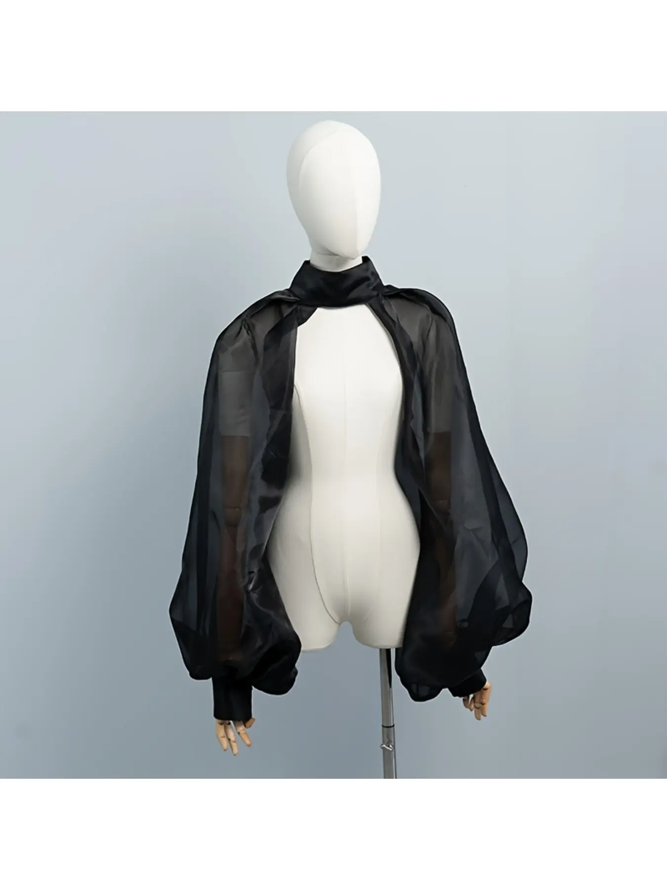 Gothic-style sheer mesh puff sleeve cape with stand collar design, creating a sassy and stylish bridal accessory ensemble
