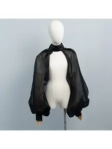 Gothic-style sheer mesh puff sleeve cape with stand collar design, creating a sassy and stylish bridal accessory ensemble
