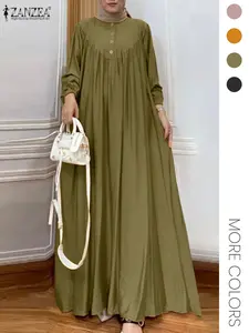 Women's Plain Plicated Button Loose Dress, Casual Bishop Sleeve Round Neck Long Dress for Fall & Winter, Women's Clothing for Daily Wear, Classy Modest Dresses, Modest Style Dress, Maxidresses