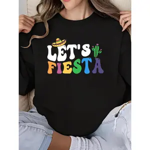 Cinco De Mayo Women's Crew Neck Long Sleeve Sweatshirt Funny Let's Fiesta Graphic Print Mexican Party Top Holiday Celebration Outfit