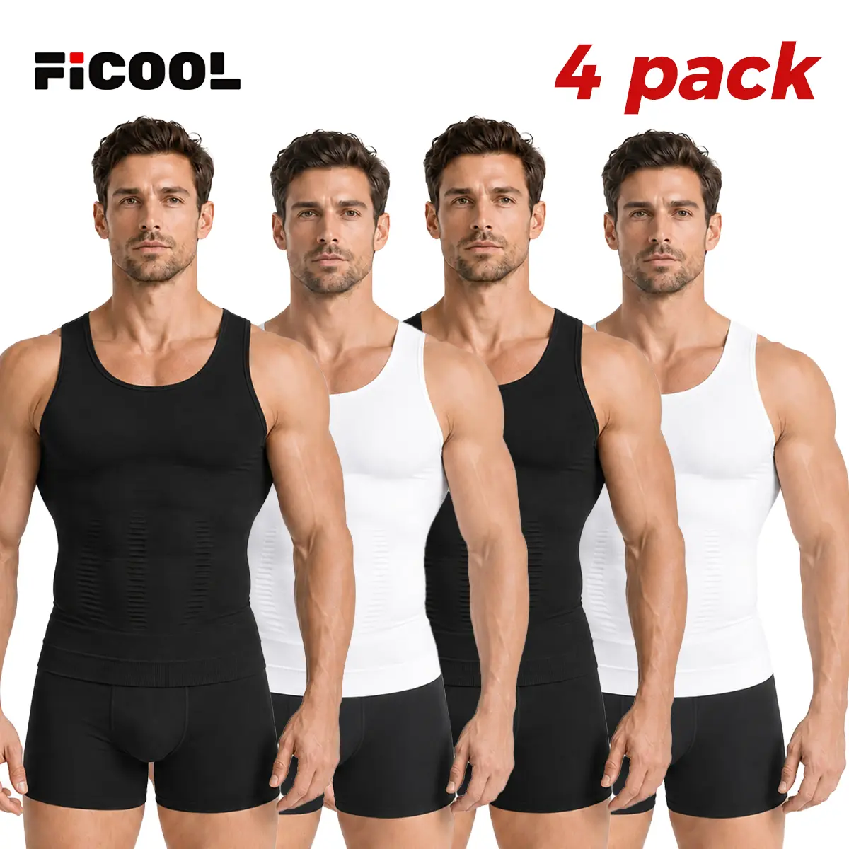 FICOOL 4 Pack Men Round Neck Compression Tank Top,Men Shaping Vest,Men Sleeveless Shirt Shapewear,Men GYM Workout  Fitness Shirts Tank Tops Shirts Menswear & Underwear,Men's Underwear For All Seasons