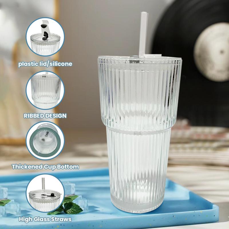 Set of 2 Glass Tumblers with Lids & Straws, Premium Thick Glass Cups, Reusable Glass Cups for Iced Coffee, Smoothies, Juice & Cocktails