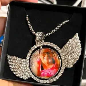 Personalized Photo Pendant Necklace with Rhinestone Wings and Chain for Memorial Gifts