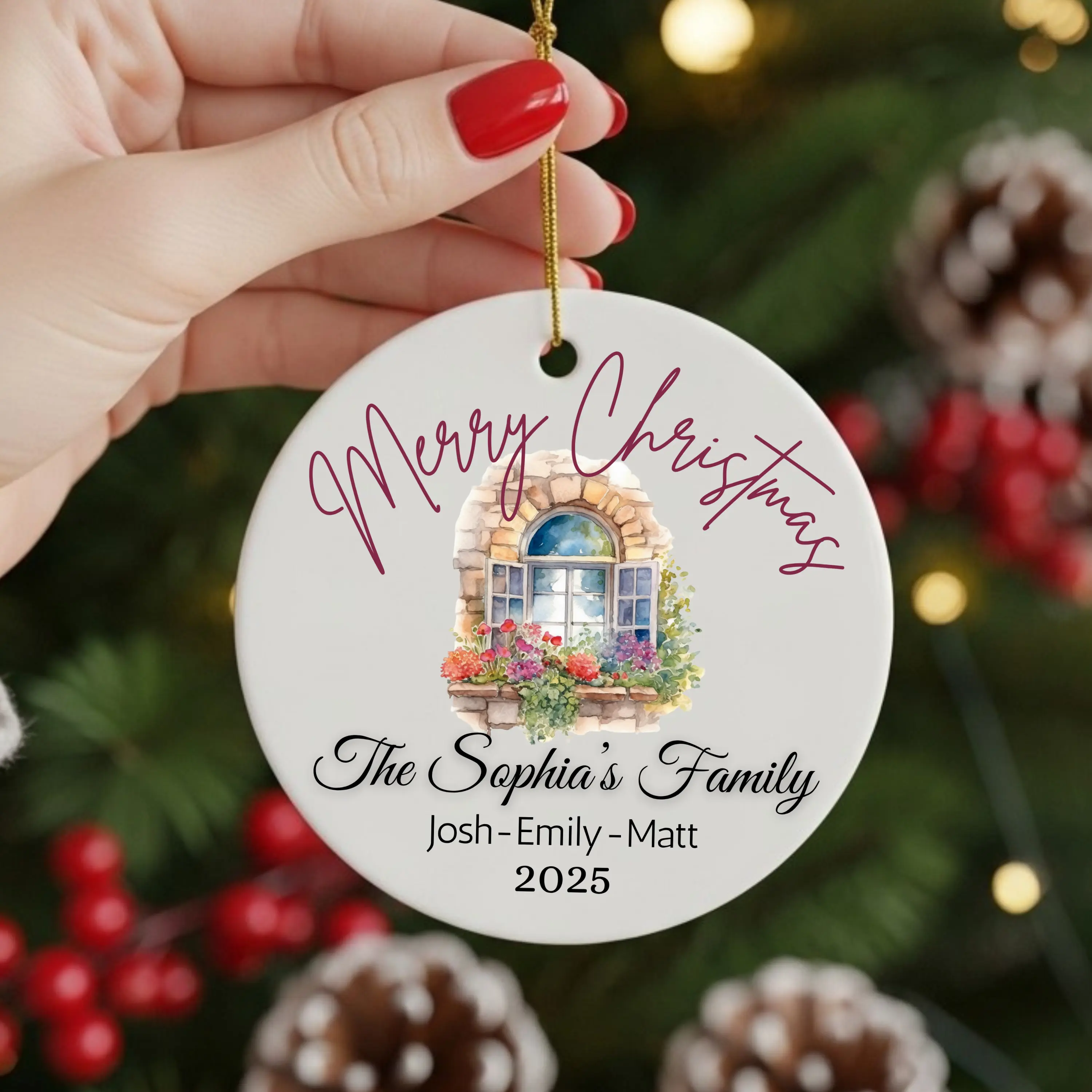 Baby's First Christmas Ornament - Personalized Ceramic Round Keepsake with Adorable Gnome, Christmas Tree & Lanterns, "Olivia's First Christmas 2025" Text Fairy Glossy Gift Magical Decoration Decor 1 Side