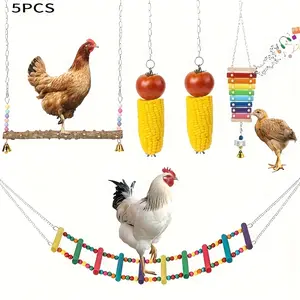 5 Random Color Chicken Toys for Chicken Coop Accessories, Chicken Bell, Chicken Hanging Chair, Flexible Chicken Ladder, Chicken Vegetable and Fruit Feeder, Chicken Coop for Hens and Parrots
