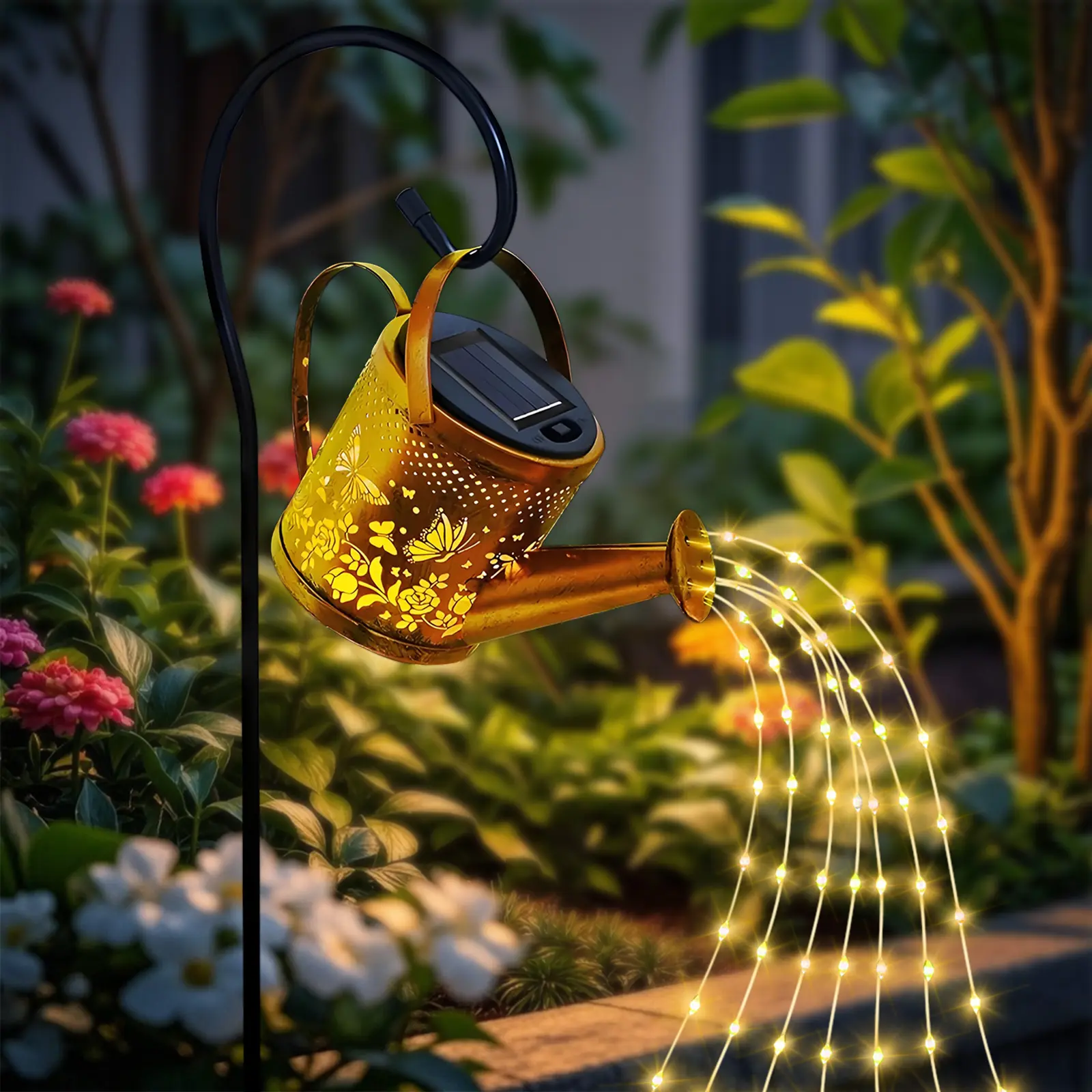 Rirool Whimsical Solar LED Watering Can Lantern with Butterfly Projection, Fairy String Lights, Adjustable Shepherd Hook, Auto-On/Off Function – Ideal for Christmas Gifts