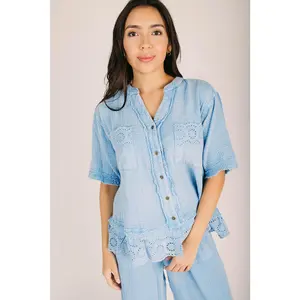 The Cutler Crochet Detail Blouse in Day Blue