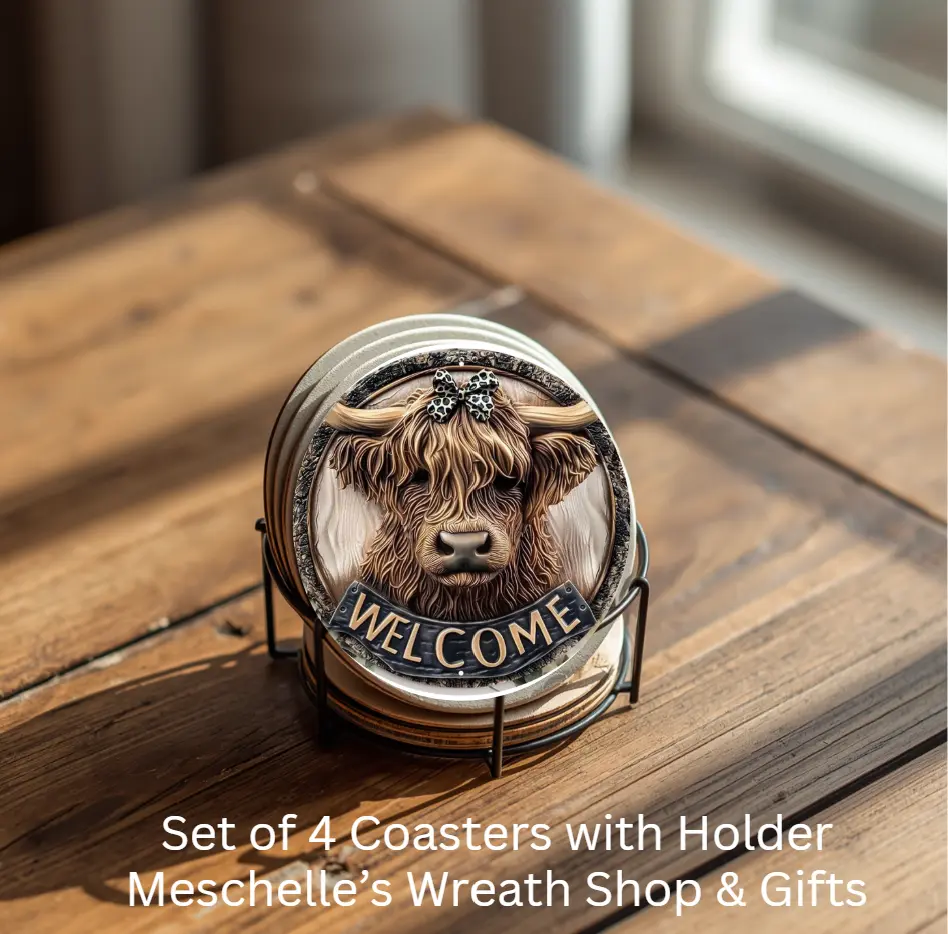 Tableware Coasters, 4-Piece Round Ceramic Highland Cow Coasters with Metal Holder for Coffee Use