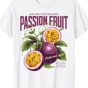 Retro Tropical Passion Fruit Pattern T-Shirt | Loose Fit, Round Neck, Short Sleeve, Machine Washable, Suitable for All Seasons, Outdoor Activities, Retro Style, Slightly Elastic Fabric