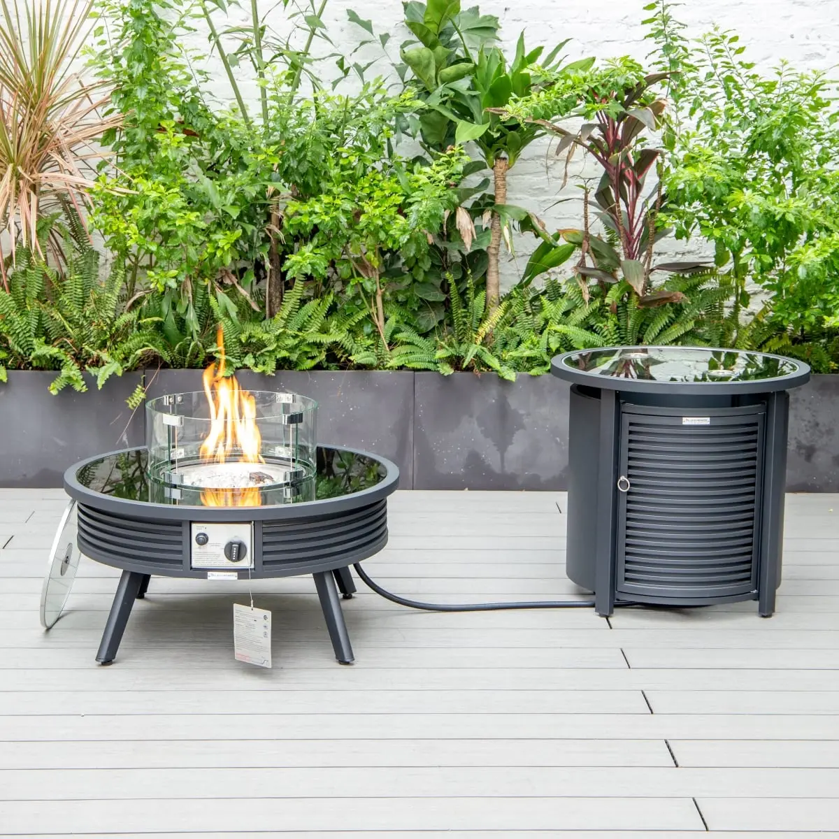 LeisureMod WBLS-29-24-GL Aluminium Fire Pit Table (20x29x29 in.) - Walbrooke Patio Round Slat-Design, Burner, Crystal Stones, Adjustable Flame, Black Tank Holder, Tempered Glass Shield, Floor Protectors, Modern Outdoor Side Table Furniture