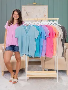 Zenana Washed Double Gauze Raw Edge Short Sleeve Top | S-3X