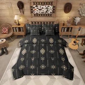Rustic Bull Skull 7 Pieces Bedding Set,Ethnic Western Aztec Bed Bag,Geometric Diamond Bed Set,Includes Comfortersheet Set,Pillowcases  Bed Set