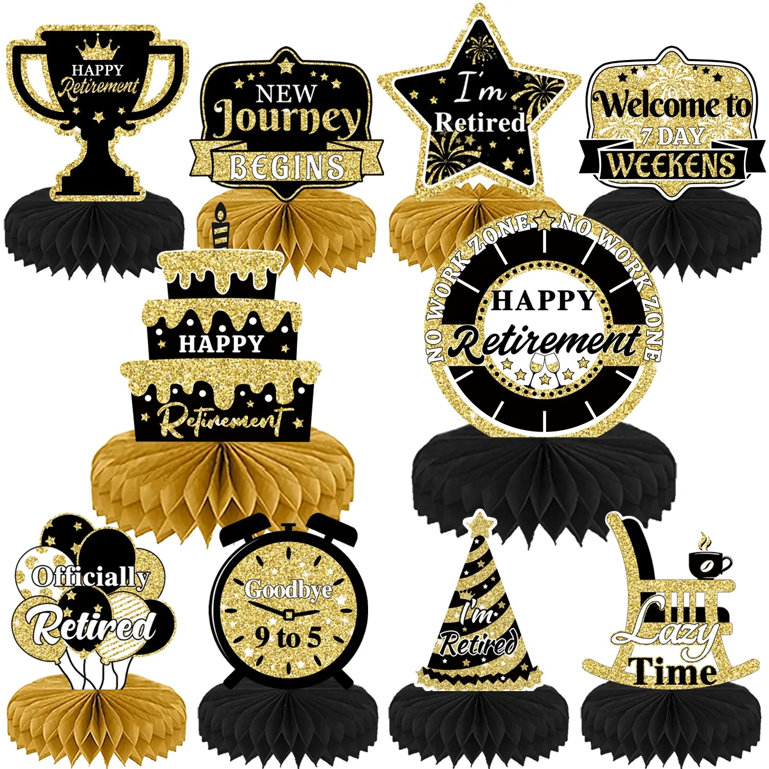 10Pcs Black Gold Retirement Centerpiece Decorations, Decorative Centerpiece, 3D Table Honeycomb Centerpiece, Retirement Honeycomb Centerpieces Table Toppers for Men Retired Party Decoration Party Supplies Favors, Home Decor Ornament