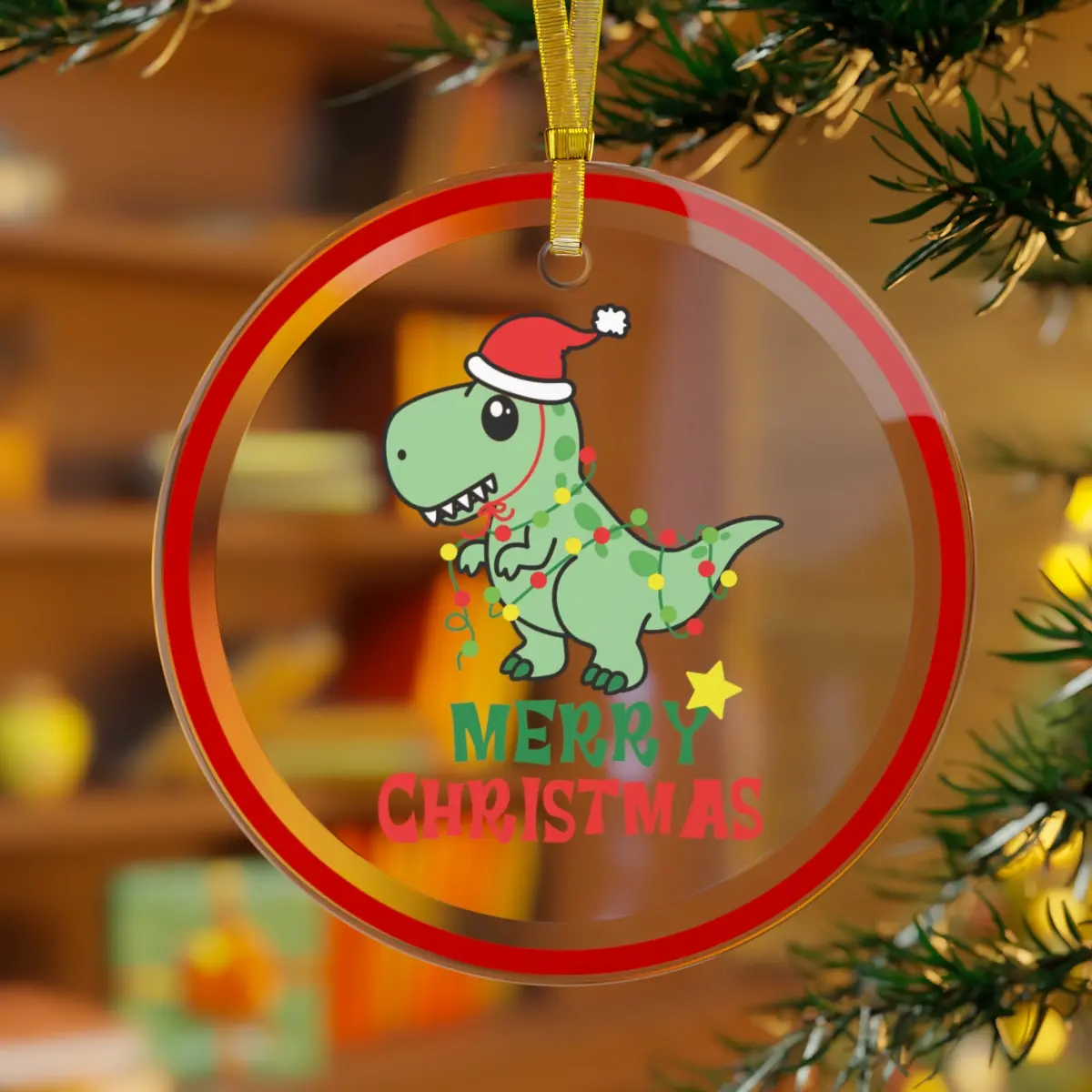 T-rex Santa Merry Christmas Clear Glass Ornament, Christmas Gift, Christmas Decorations