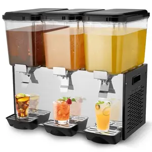Three 18 Liter Beverage Dispenser System With Cold Temperature Control, Commercial Grade, 3-Tank Juice Ice Drink Station, Food Safe Polycarbonate Tanks, Easy Pour Spouts, Removable Lids, High Capacity