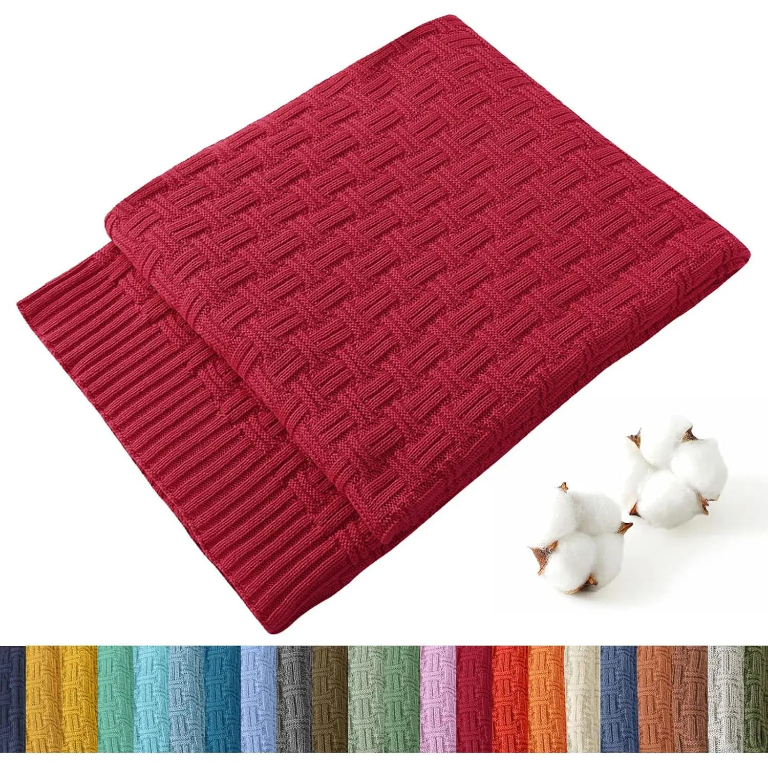 Cable Knit Throw Blanket for Couch - 100% Cotton Knit Texture, 60x80in Red, Soft Breathable, Machine Washable, Modern Style for Family TV Time