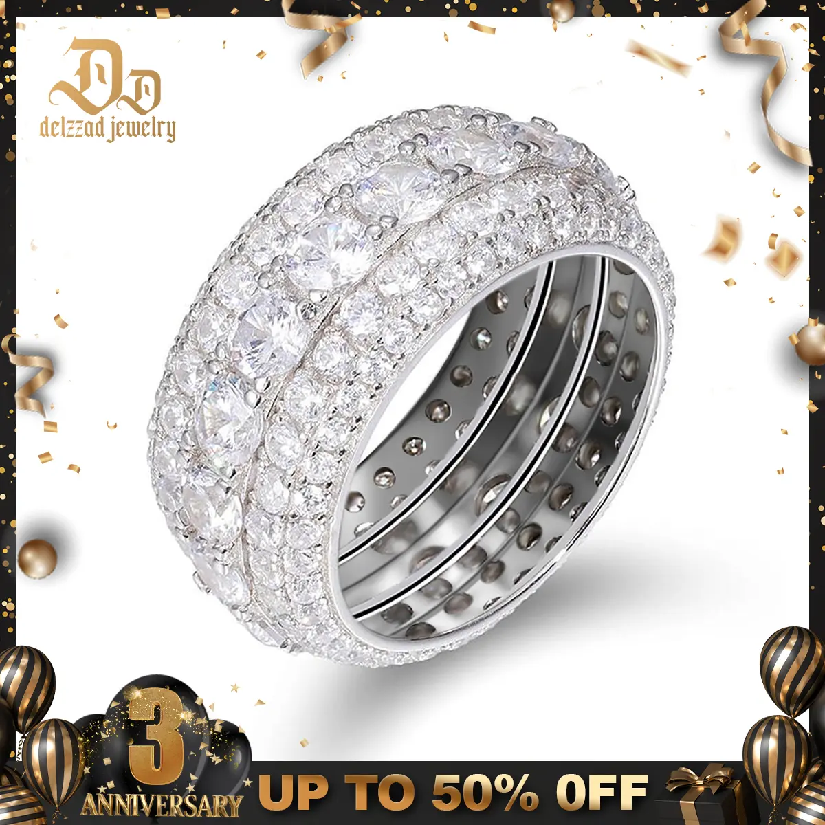 Delzzad Layered Eternity Ring Lab-Created Moissanite Ring S925 Sterling Silver Moissanite Jewelry Perfect Christmas Gift
