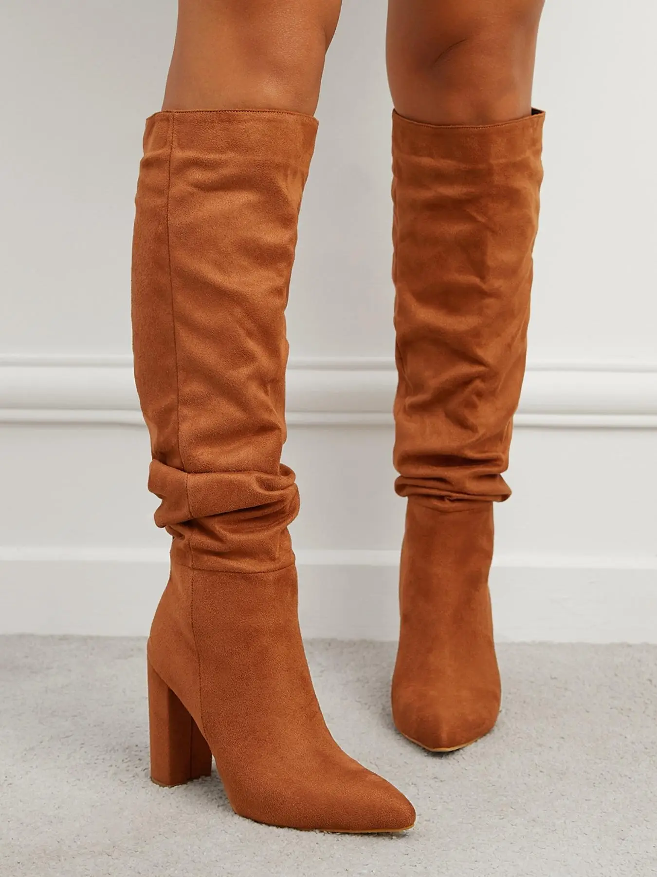 Women's 1 Pair Solid Pleated Design Pointed Toe Boots, Fashionable Elegant Knee High Boots For Fall & Winter, Women's Boots For Daily Wear