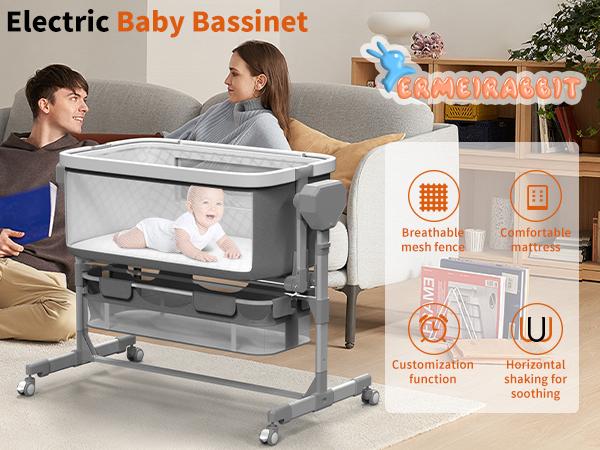 Rocking Bassinet for Baby, Electric Baby Bassinet Automatic 5 Rocking Motion Bassinet Bedside Sleeper for Newborn,  Auto Rolling Baby Cradle 6 Height Adjustable with 4 Lullabies
