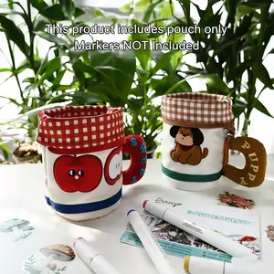 Bianyo Kawaii Plush Marker Case, Large Capacity Pencil Pouch for Markers & Pens, Cute Desk Organizer (Red Apple / Brown Puppy) – Pouch Only, No Markers Included