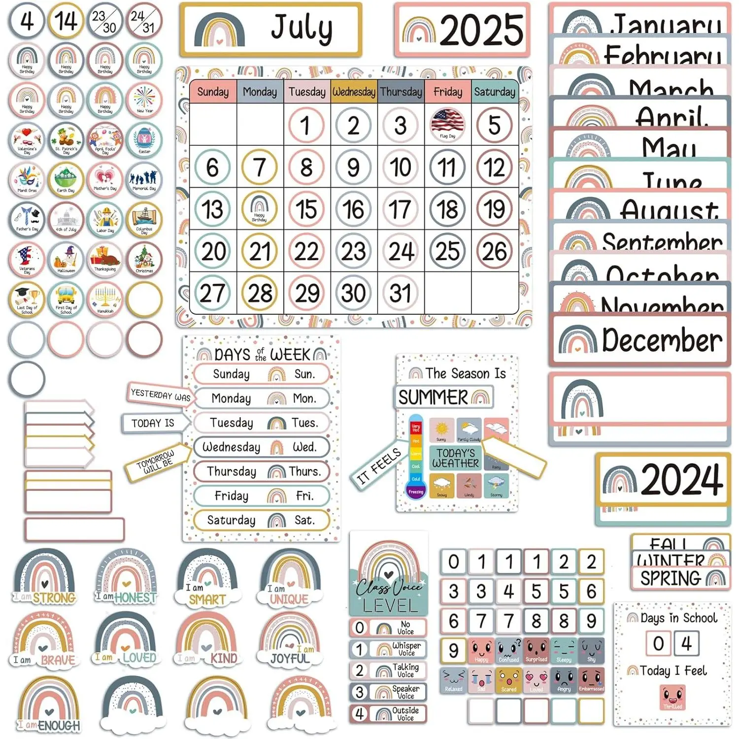 Boho Rainbow Calendar Bulletin Board Set - Teaching Supplies for Classroom Setup, Teacher Classroom Decor, Windows, 1 Calendar Chart, 4-Season Weather Chart, 12 Monthly Headers, 33 Number Cover-Ups (Back to School Office/School Supplies)