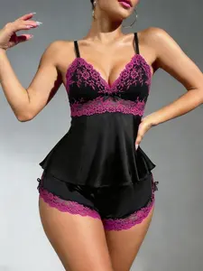 Women's Casual Patchwork Pajama Set, Loose-Fitting 2-Piece Lounge Wear, All-Seasons, Perfect for Parties & Gifts