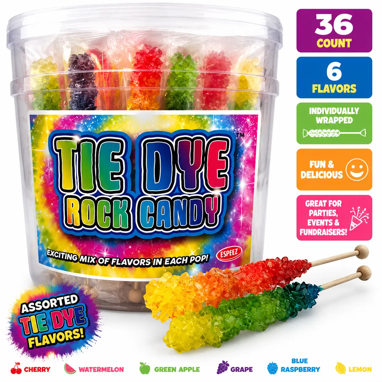 Espeez Tie Dye Mixed Assorted Rock Candy Sticks 36 Count  Colorful Crystal Sugar Candy on a Stick | Party Favors & Candy Buffets