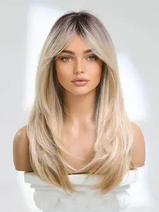 24 Inch Long Straight Layered Cut Wigs for Women, Gorgeous Fluffy Wigs with Curtain Bangs, Synthetic Full Machine Wigs for Party, Daily Use, Machine Made Wigs, Stylist Friendly Wig