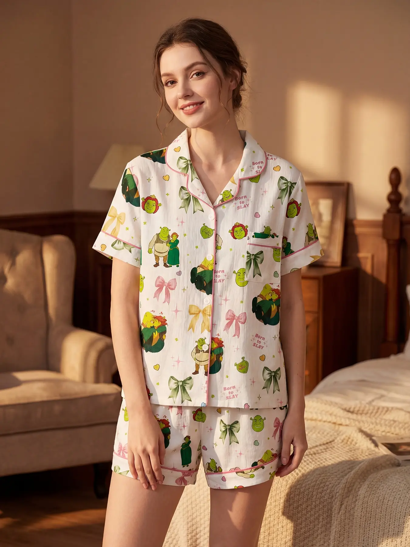 Women's Shrek Sleepwear Set, Cartoon Print Sleepwear, Soft Lightweight Pajamas, Comfortable Casual Wear Loungewear, All-Season Fitted Nightwear, Cute Cartoon Pattern