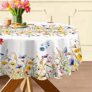 Spring Floral Round Tablecloth for Dining, Watercolor Flower Design, Polyester, Machine Woven, for Home Decor
