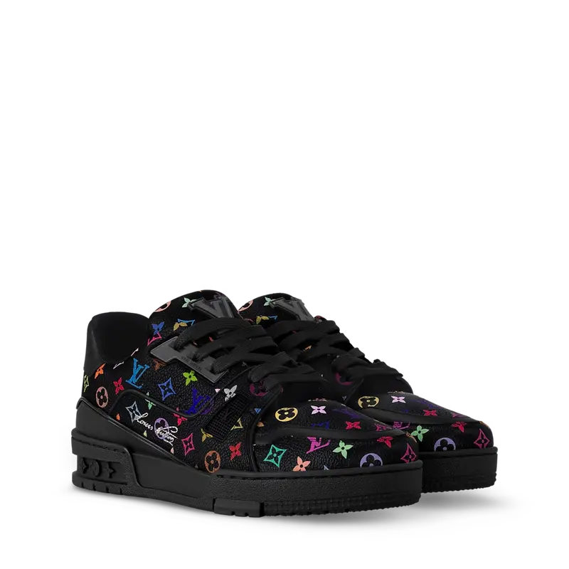 ‮ nottiuV siuoL ‬  Classic Ｔｒａｉｎｅｒ Ｓｎｅａｋｅｒ Retro Skate Shoes, Luxury Multicolor Floral Print Low-Top Leather Sneakers for Men| Good Condition