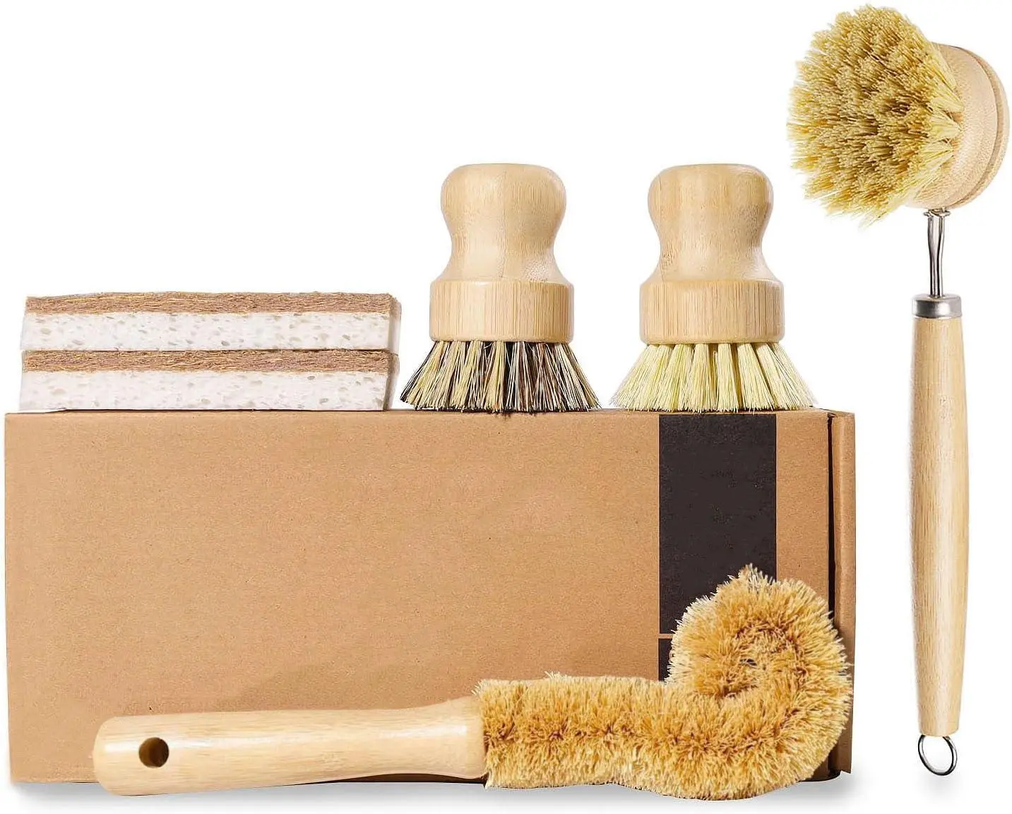 6 Piece Bamboo Dish Brush Set with Coconut Sponge - Wooden Dish Brush with Sisal and Palm Fiber, Natural Bamboo Dish Scrub Brush for Kitchen Cleaning Dishes, Pots, Pans, Bottles, Vegetables