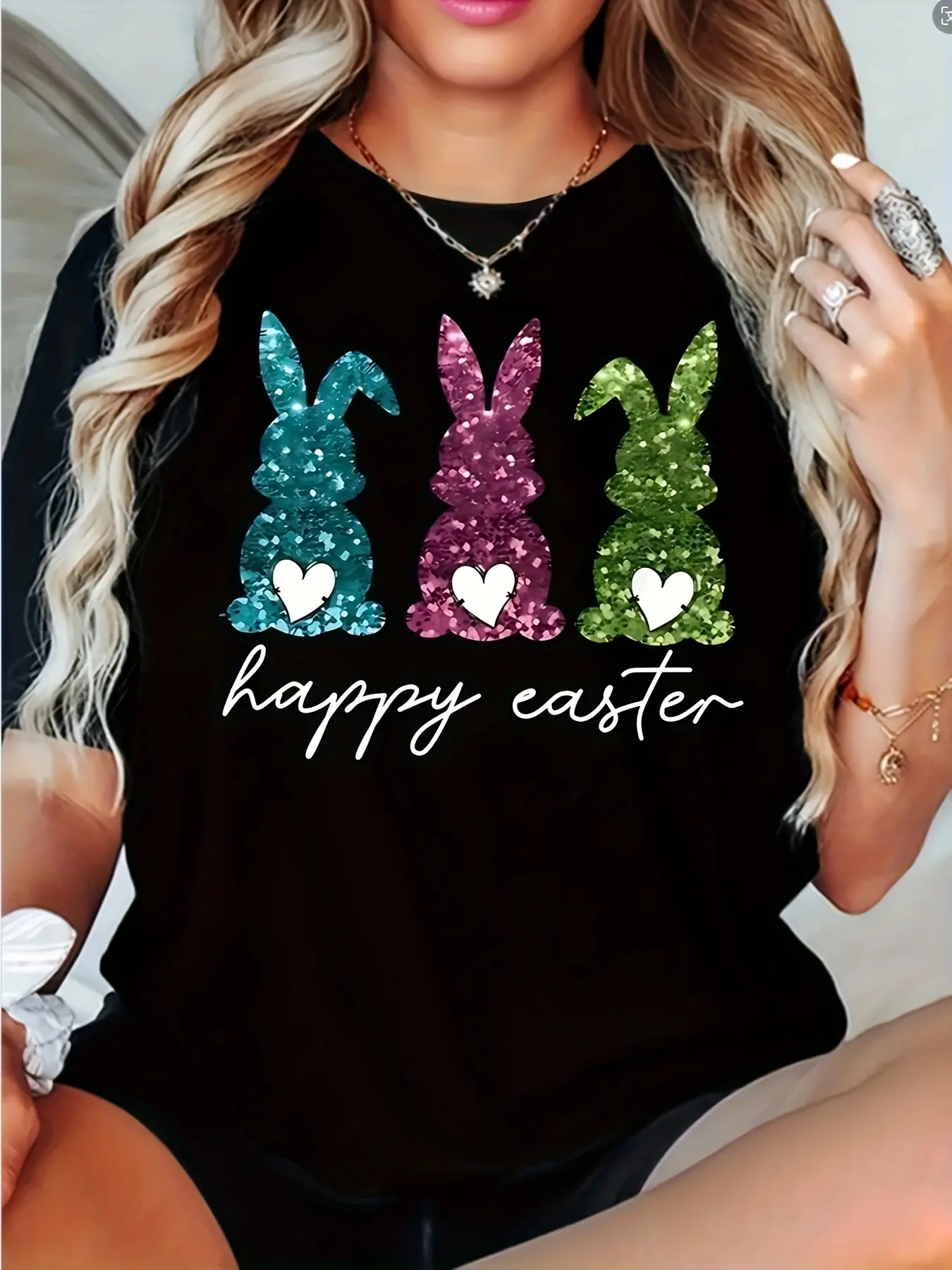 [Easter Bunny |   Casual] Easter Bunny Pattern |   Women's T-Shirt - Casual Round Neck, Short Sleeves, Rayon Blend T-Shirt Featuring Colorful Bunny Prints, Playful T-Shirt |   Humorous Fashion |   Glossy Texture