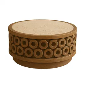 Sulo Round Travertine & Oak Coffee Table