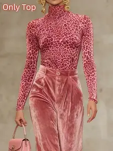 Long Sleeve Slim Fit Leopard Print High Neck T-Shirt Top, Stylish Chic Elegant Statement Lady Women's Casual Wear, Perfect for Daily Womenswear
