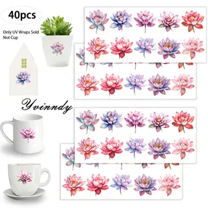 40Pcs/set Pink Lotus Iron On Stickers For Cup Be Waterproof UV DTF Printable Vinyl Paper Fun Designs Durable Construction Long-Lasting Adhesion Must-Have For Craft Enthusiasts Cups Mugs Sticker Sold Only Sticker Not Cup