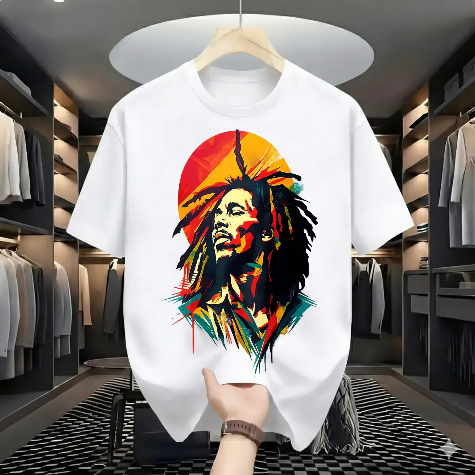Men's Classic Fit 100% Cotton Soft Top - Round-Neck Shortsleeve T-Shirt, Vintage Reggae Legend Printed Art Unisex Casual Streetwear, Machine Washable
