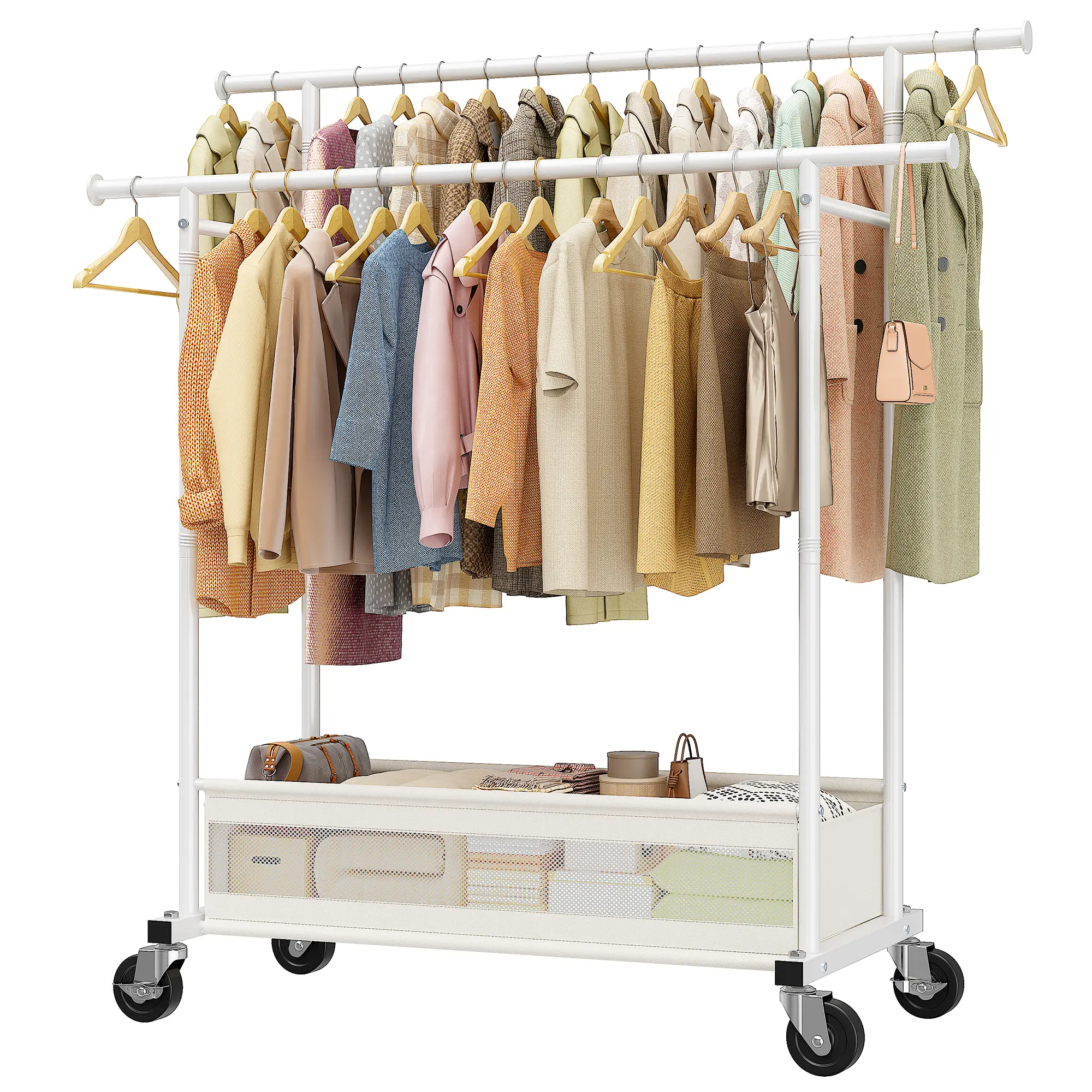 Double Rods with Net Pocket-White-43"W×17"D×63"H