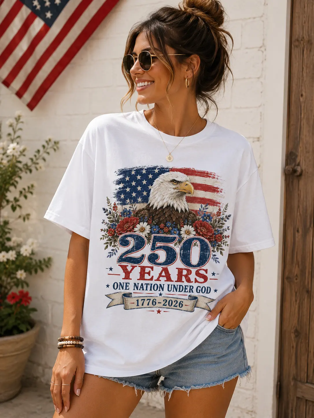Women's Patriotic Print Crew Neck T-Shirt, Short-Sleeve USA Eagle 1776-2026 Graphic, Casual Top, Tshirt, Streetwear