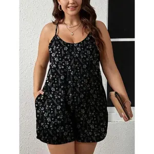 Plus Size Ditsy Floral Print Cami Romper, Casual Sleeveless Spaghetti Strap Romper for Summer, Women’s Plus Size Clothing for Everyday Wear, Casual Comfortable Romper, Women’s Apparel, Floral Print Jumpsuit, Casual Comfortable Overall GARMENTARY