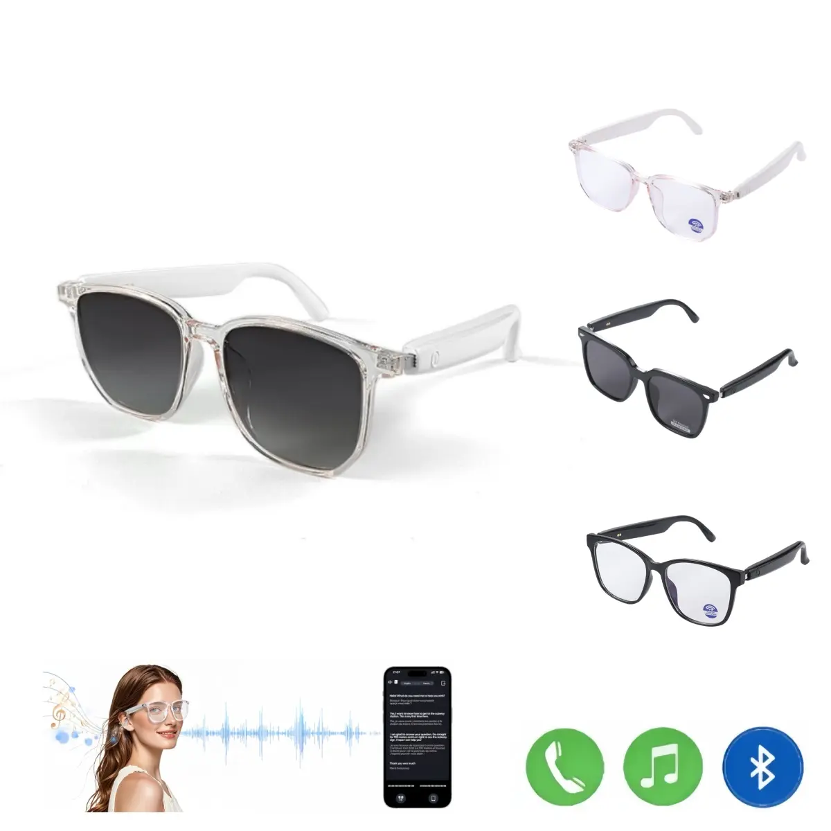 Bluetooth Audio Smart Glasses with Built-in Speakers & Microphone, Wireless Music Sunglasses for Men and Women, Waterproof Wearable Glasses for Outdoor Sports, Running, Cycling, Summer Use, Hands-Free Calls