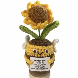 Positive Crochet Bee Sunflower Mini Potted Plant Home Decor, Valentines Day Gift, Cute Cheer Up Gifts for Women Men Students, Emotional Support Crochet for Desk Figurine, Anniversary Birthday Gift for Best Friend, Inspirational Flower Pot with Card