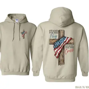 Stand For The Flag Kneel For The Cross Hoodie – Patriotic Christian Graphic Pullover, Faith Quote Fall Hoodie, Comfortable Gift for Dad and Veterans	
